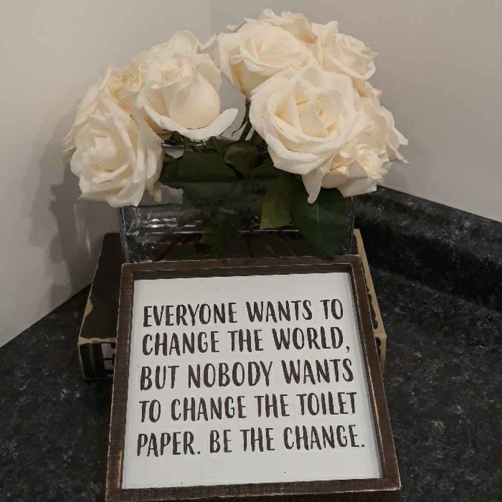 BE THE CHANGE in the World toilet paper WOOD sign Bathroom Humor Wall ART Decor